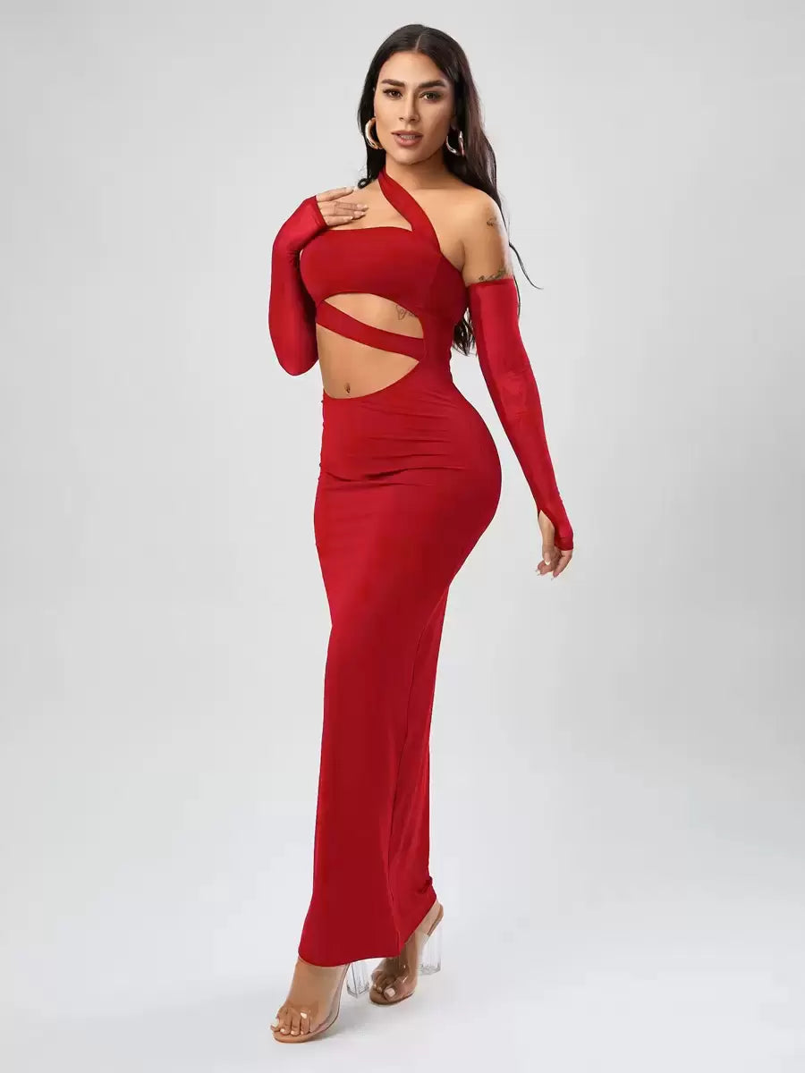 Elegant Solid Color Backless Strapless Long Sleeves Semi Formal Party Dress