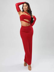 Elegant Solid Color Backless Strapless Long Sleeves Semi Formal Party Dress