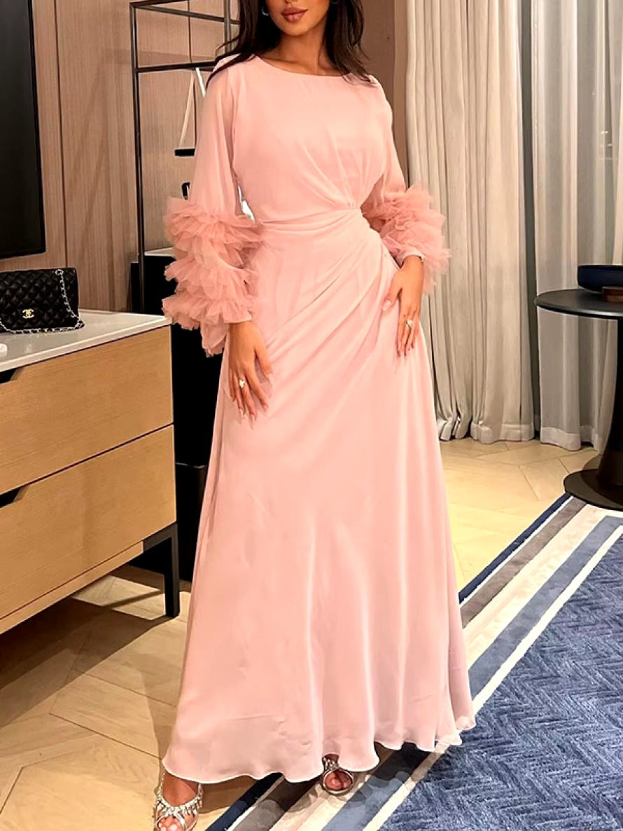 Elegant Solid Color Flared Sleeve Pleated Waist A-Line Party Evening Maxi Dresses
