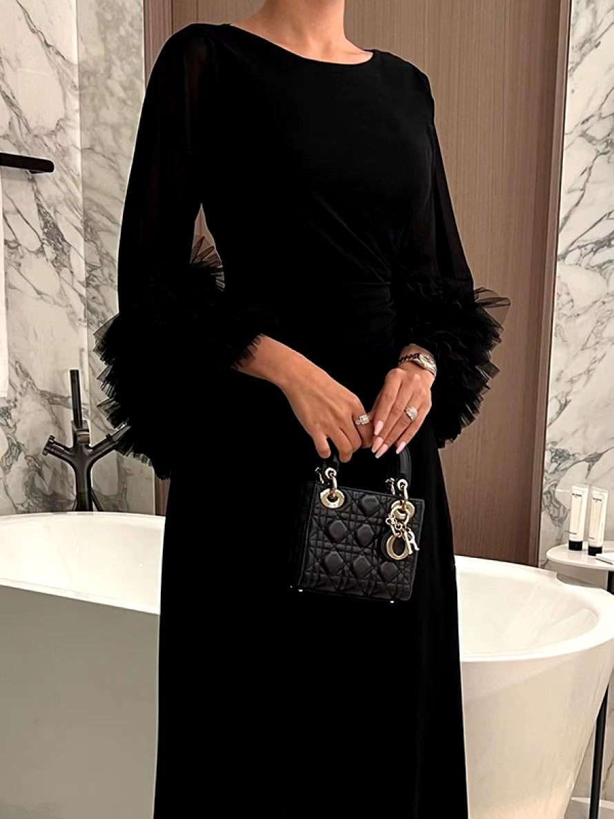 Elegant Solid Color Flared Sleeve Pleated Waist A-Line Party Evening Maxi Dresses