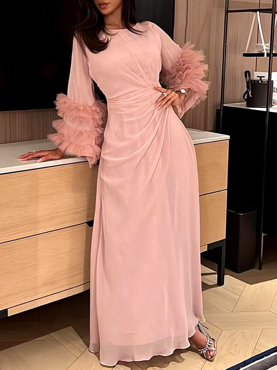 Elegant Solid Color Flared Sleeve Pleated Waist A-Line Party Evening Maxi Dresses