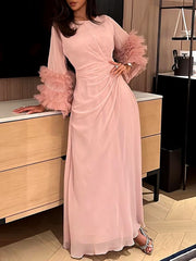 Elegant Solid Color Flared Sleeve Pleated Waist A-Line Party Evening Maxi Dresses