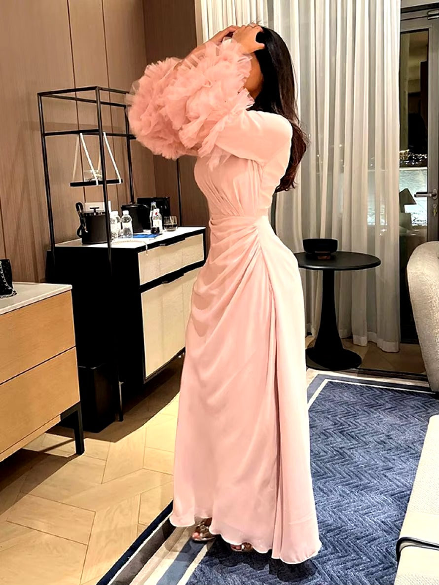 Elegant Solid Color Flared Sleeve Pleated Waist A-Line Party Evening Maxi Dresses