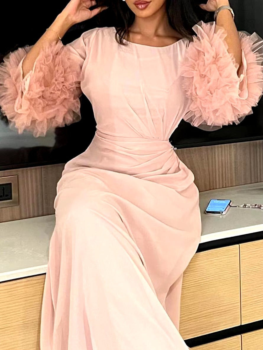 Elegant Solid Color Flared Sleeve Pleated Waist A-Line Party Evening Maxi Dresses