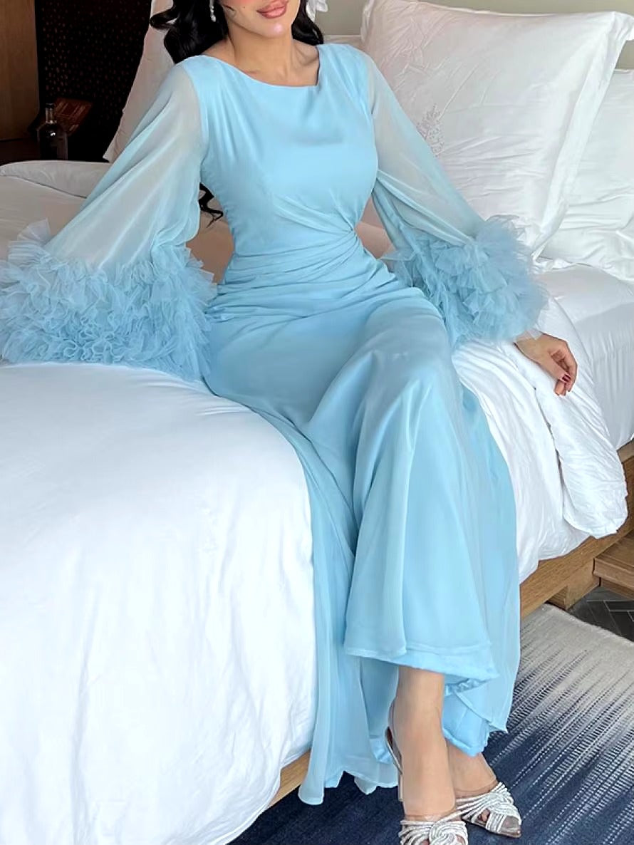 Elegant Solid Color Flared Sleeve Pleated Waist A-Line Party Evening Maxi Dresses