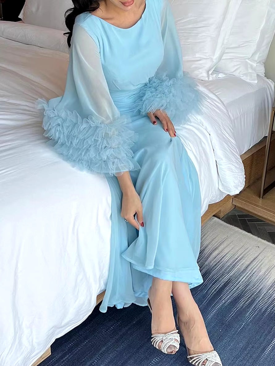 Elegant Solid Color Flared Sleeve Pleated Waist A-Line Party Evening Maxi Dresses