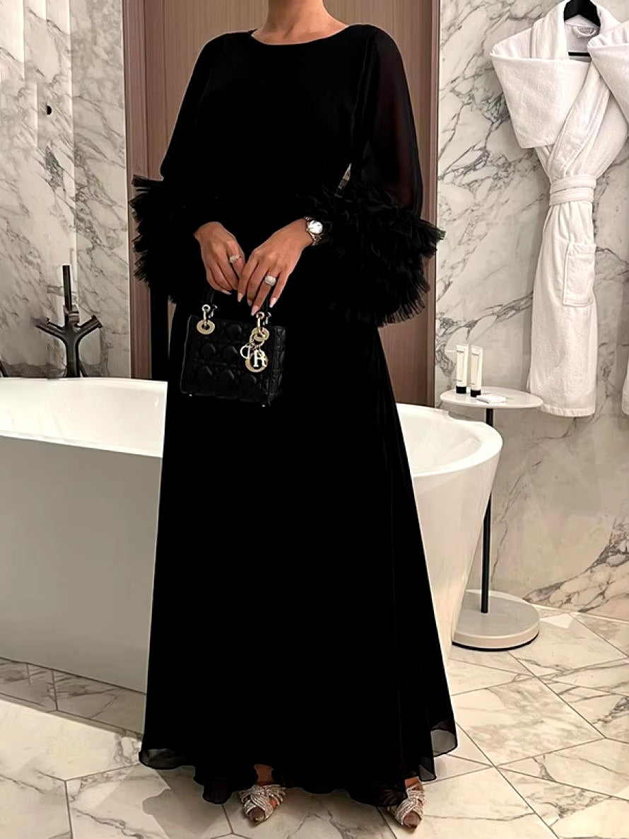 Elegant Solid Color Flared Sleeve Pleated Waist A-Line Party Evening Maxi Dresses