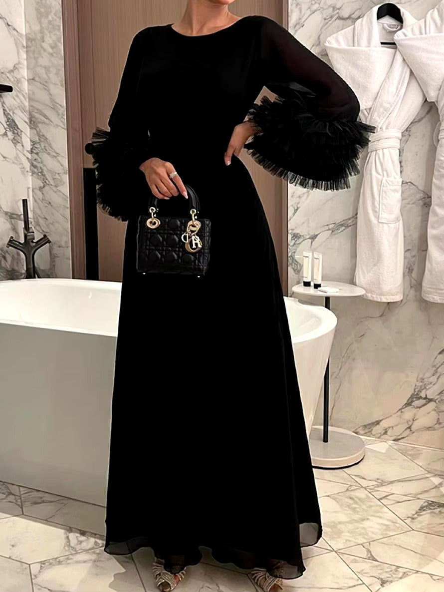Elegant Solid Color Flared Sleeve Pleated Waist A-Line Party Evening Maxi Dresses
