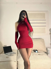 Elegant Solid Color High Neck Slim Fit Evening Party Mini Dress
