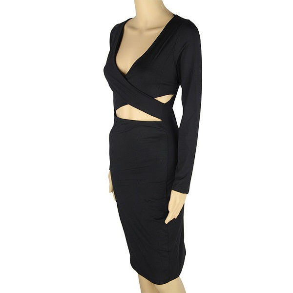 Elegant Solid Color Long Sleeve V Neck Cut Out Bodycon Dress