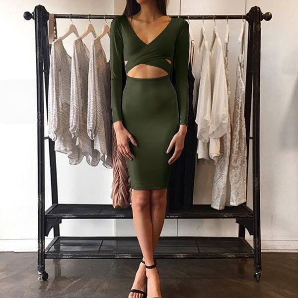 Elegant Solid Color Long Sleeve V Neck Cut Out Bodycon Dress