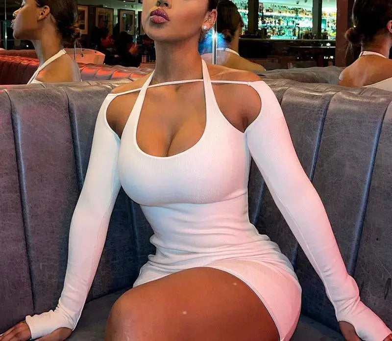 Elegant Solid Color Long Sleeved Hanging Neck Bag Hip Slim Fit Mini Dress