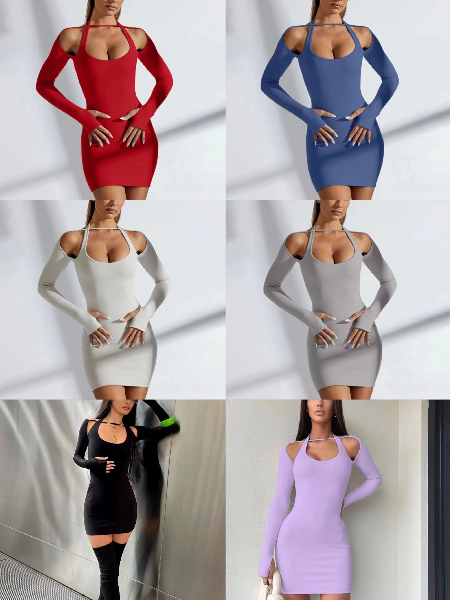 Elegant Solid Color Long Sleeved Hanging Neck Bag Hip Slim Fit Mini Dress