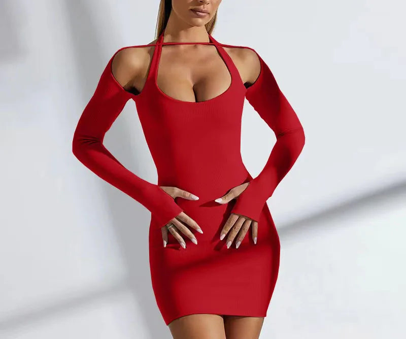 Elegant Solid Color Long Sleeved Hanging Neck Bag Hip Slim Fit Mini Dress