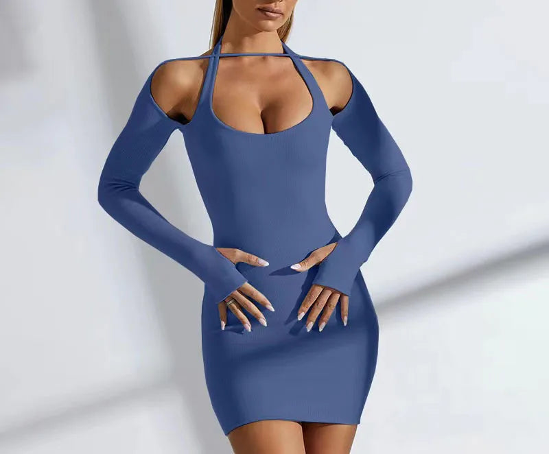 Elegant Solid Color Long Sleeved Hanging Neck Bag Hip Slim Fit Mini Dress