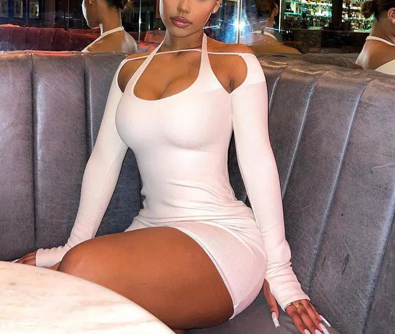Elegant Solid Color Long Sleeved Hanging Neck Bag Hip Slim Fit Mini Dress