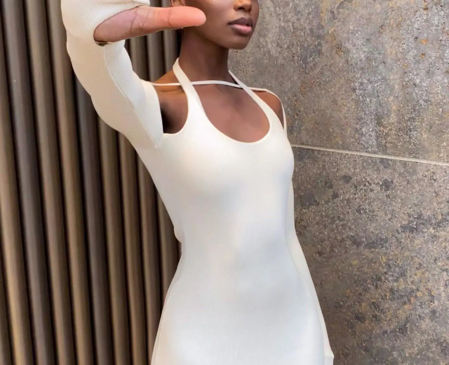 Elegant Solid Color Long Sleeved Hanging Neck Bag Hip Slim Fit Mini Dress