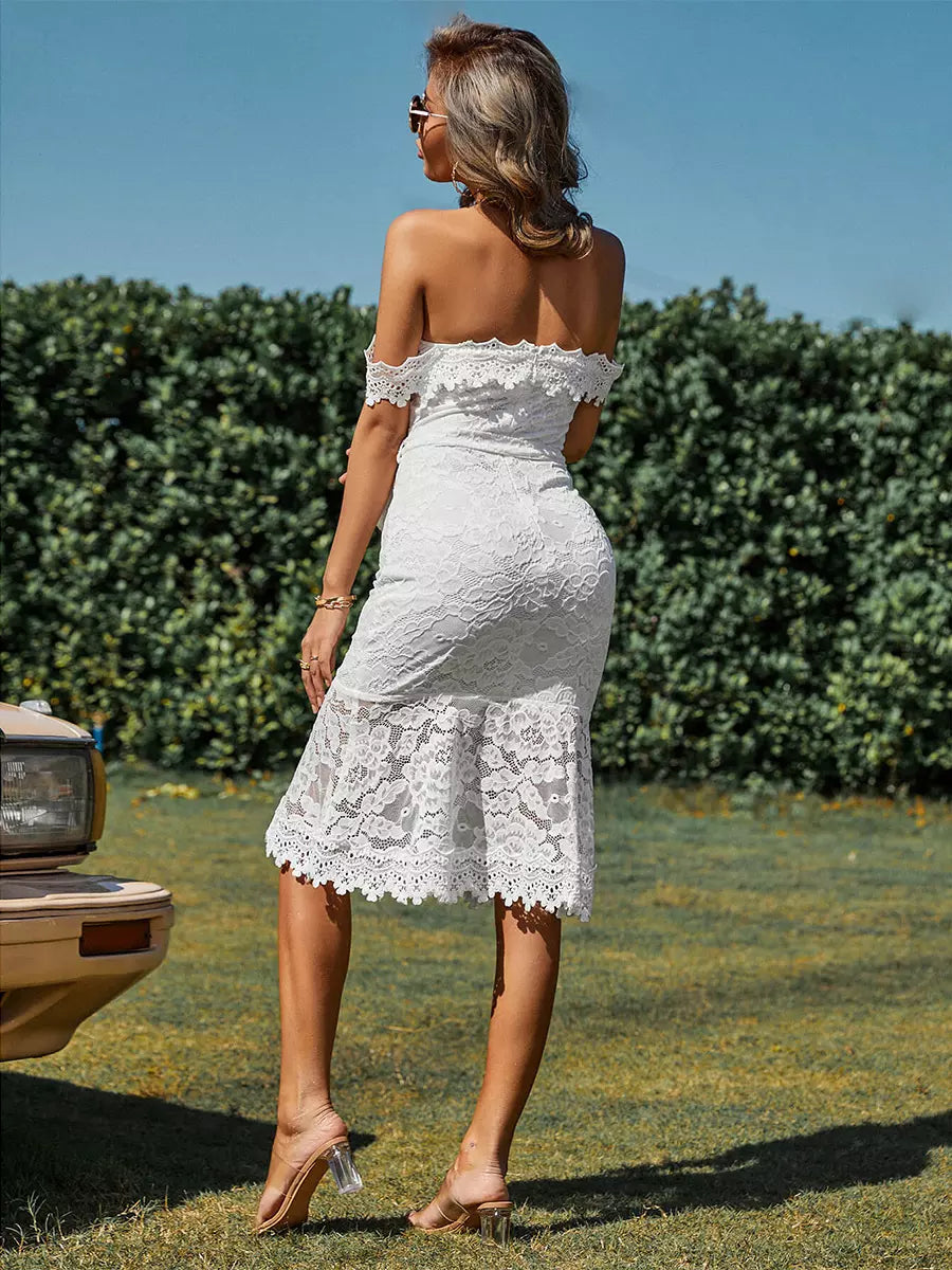Elegant Solid Color Off-Shoulder Backless Lace Belted Midi Dress