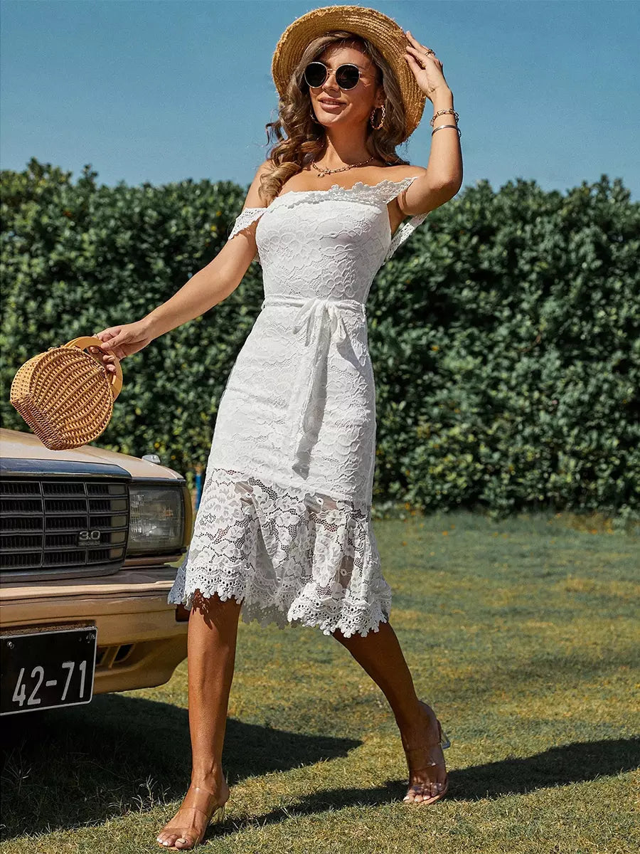 Elegant Solid Color Off-Shoulder Backless Lace Belted Midi Dress