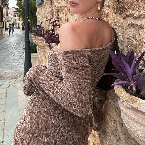 Elegant Solid Color Off-the-shoulder Long-Sleeved Dress