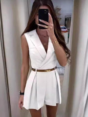 Elegant Solid Color Office Lady Temperament Sleeveless Lapel Slim Short Jumpsuit