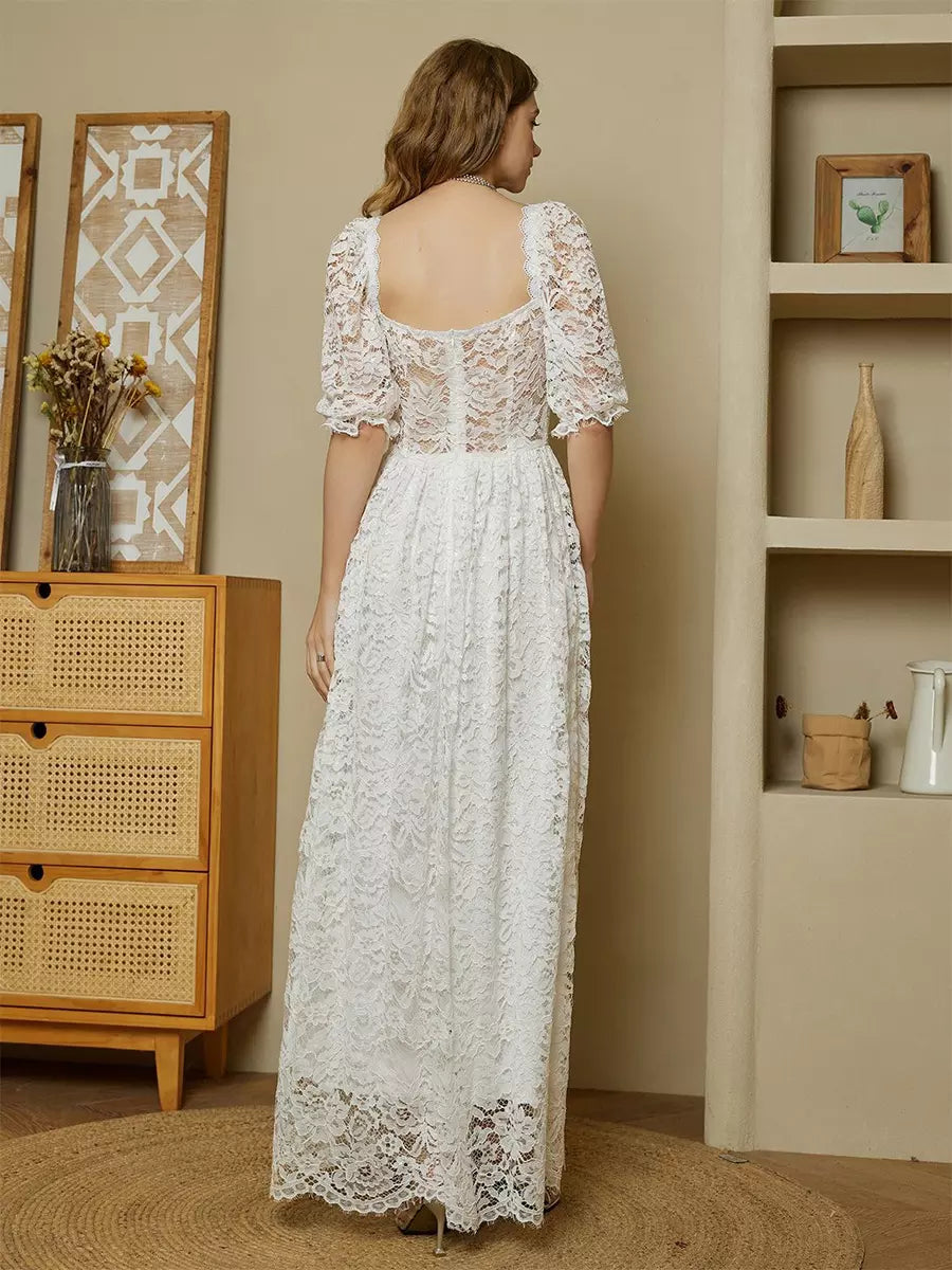 Elegant Solid Color Puff Sleeves Sheer Waist Lace Maxi Corset Dress