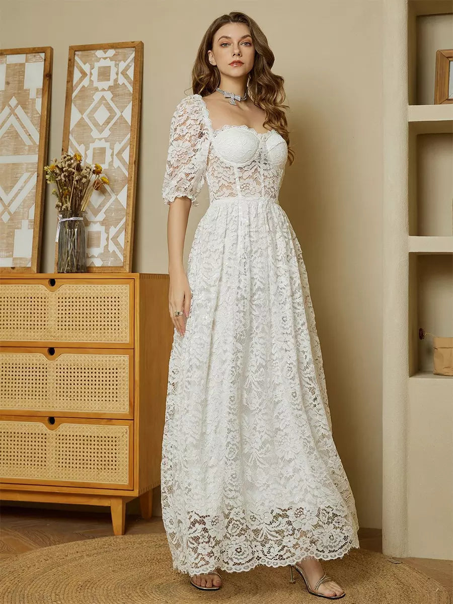 Elegant Solid Color Puff Sleeves Sheer Waist Lace Maxi Corset Dress
