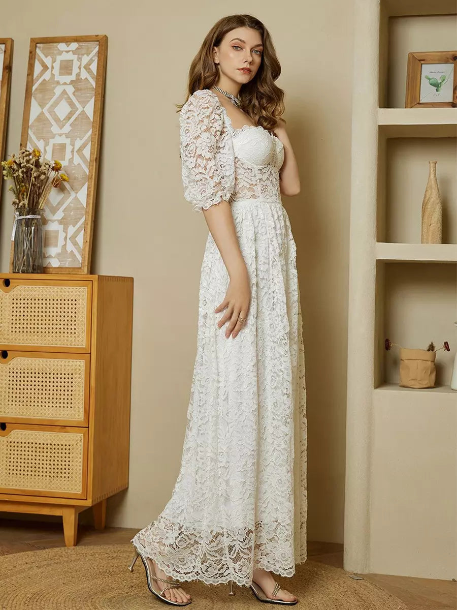 Elegant Solid Color Puff Sleeves Sheer Waist Lace Maxi Corset Dress
