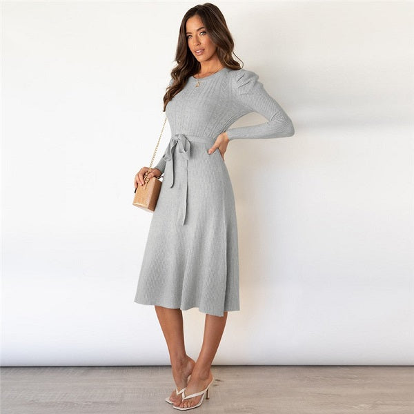 Elegant Solid Color Sash Puff Sleeve Knitted Dress
