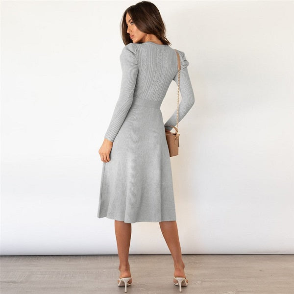 Elegant Solid Color Sash Puff Sleeve Knitted Dress