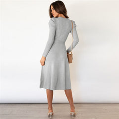 Elegant Solid Color Sash Puff Sleeve Knitted Dress