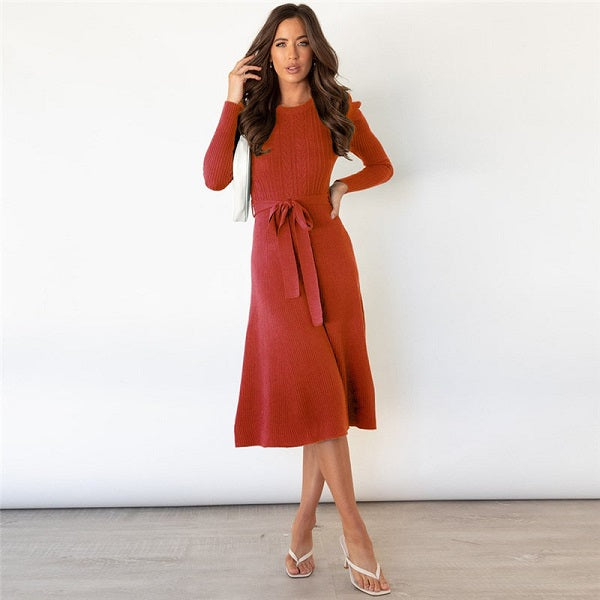 Elegant Solid Color Sash Puff Sleeve Knitted Dress