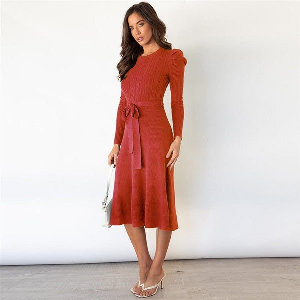 Elegant Solid Color Sash Puff Sleeve Knitted Dress
