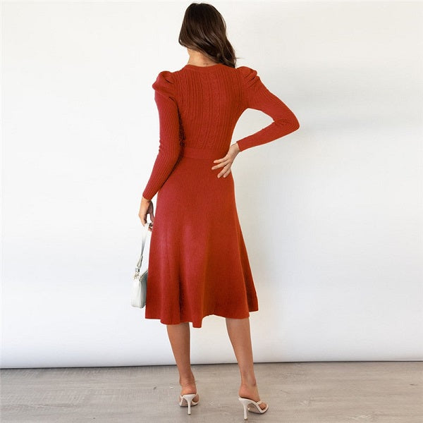 Elegant Solid Color Sash Puff Sleeve Knitted Dress