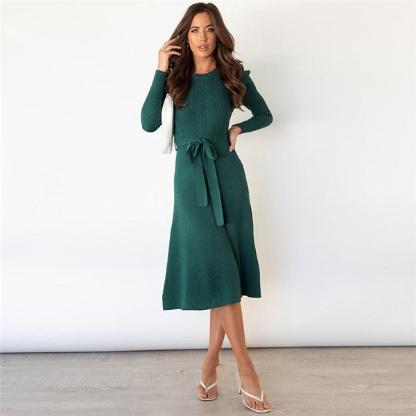 Elegant Solid Color Sash Puff Sleeve Knitted Dress