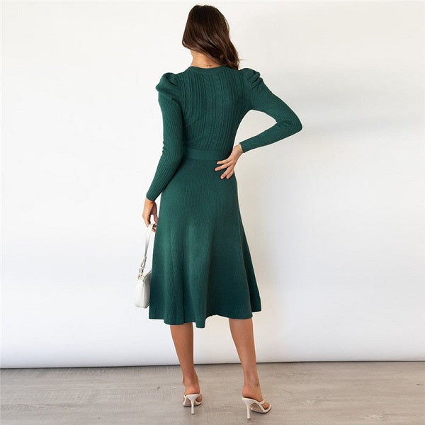 Elegant Solid Color Sash Puff Sleeve Knitted Dress