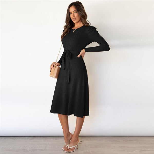 Elegant Solid Color Sash Puff Sleeve Knitted Dress