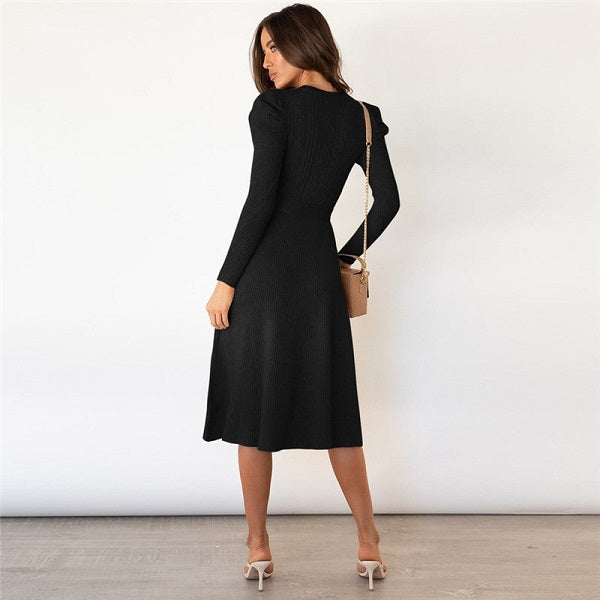Elegant Solid Color Sash Puff Sleeve Knitted Dress