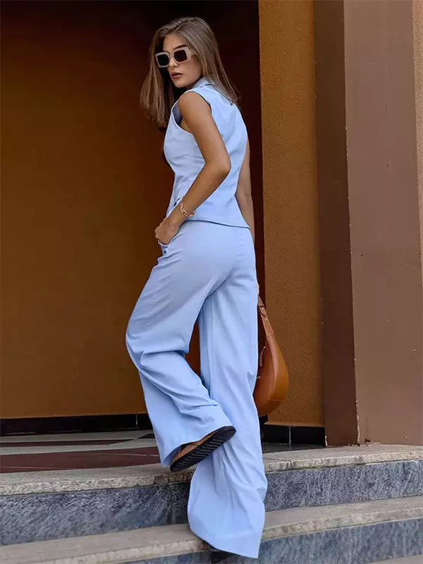 Elegant Solid Color Suit Vest And Wide Leg Pants Two-Piece