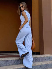 Elegant Solid Color Suit Vest And Wide Leg Pants Two-Piece
