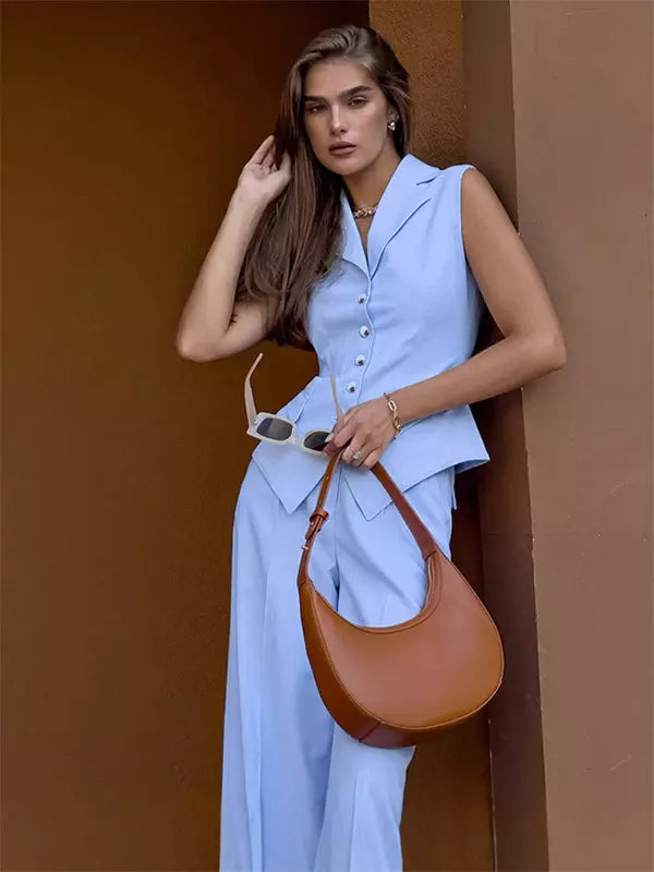 Elegant Solid Color Suit Vest And Wide Leg Pants Two-Piece