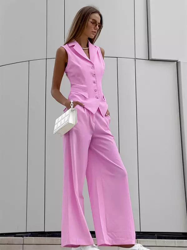 Elegant Solid Color Suit Vest And Wide Leg Pants Two-Piece