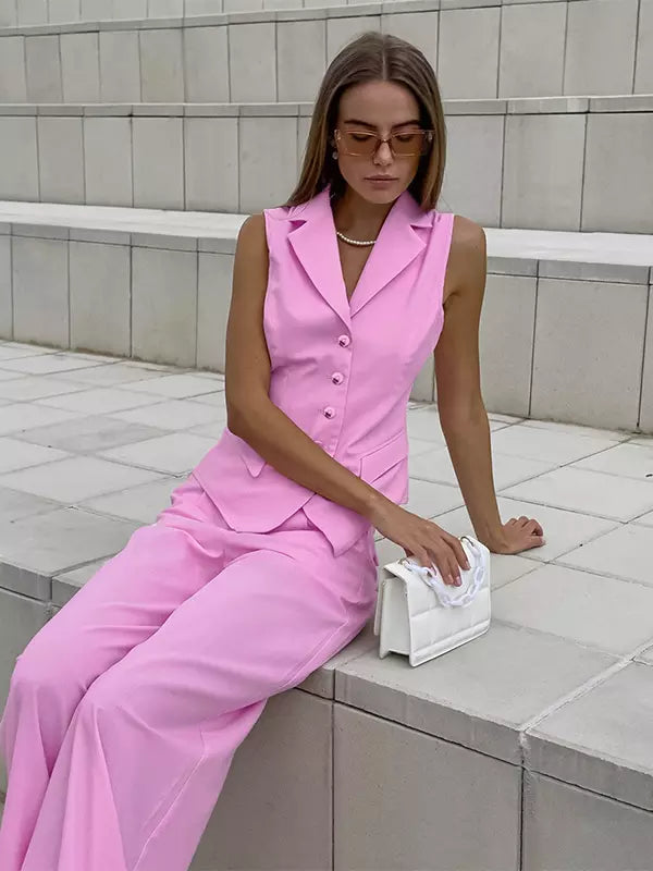 Elegant Solid Color Suit Vest And Wide Leg Pants Two-Piece
