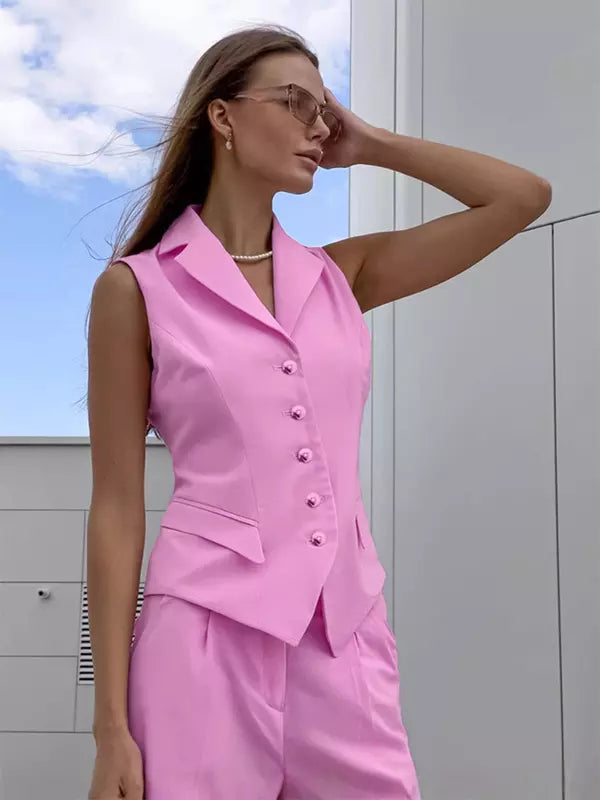 Elegant Solid Color Suit Vest And Wide Leg Pants Two-Piece