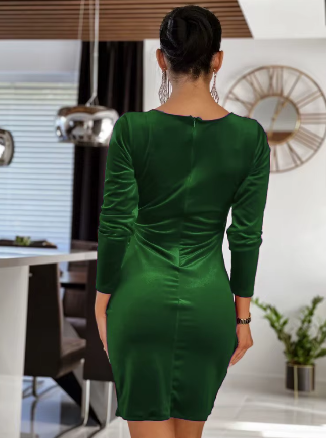 Elegant Solid Color V-neck Pullover A-LINE Slim Fit Dress