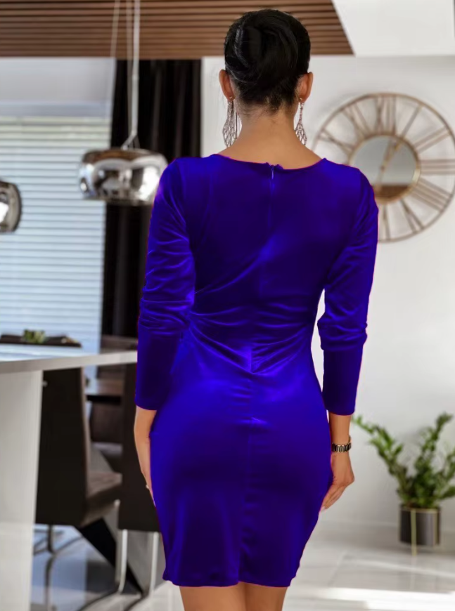 Elegant Solid Color V-neck Pullover A-LINE Slim Fit Dress