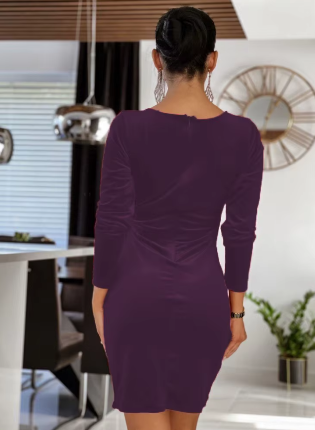 Elegant Solid Color V-neck Pullover A-LINE Slim Fit Dress