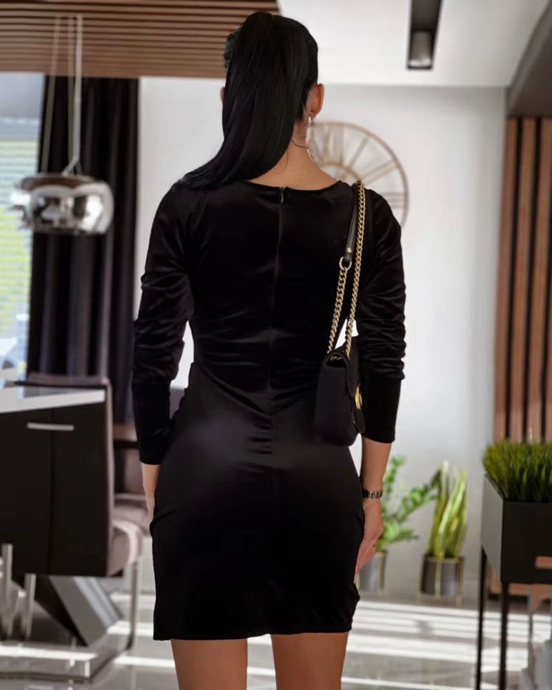Elegant Solid Color V-neck Pullover A-LINE Slim Fit Dress
