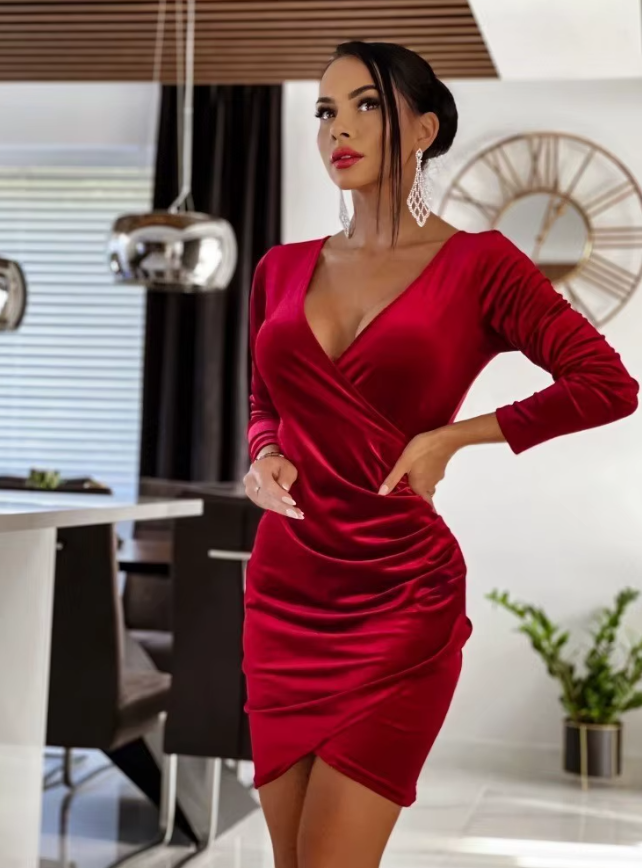 Elegant Solid Color V-neck Pullover A-LINE Slim Fit Dress