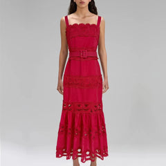 Elegant Solid Hollow Out Square Neck Sleeveless Patchwork Lace Dress